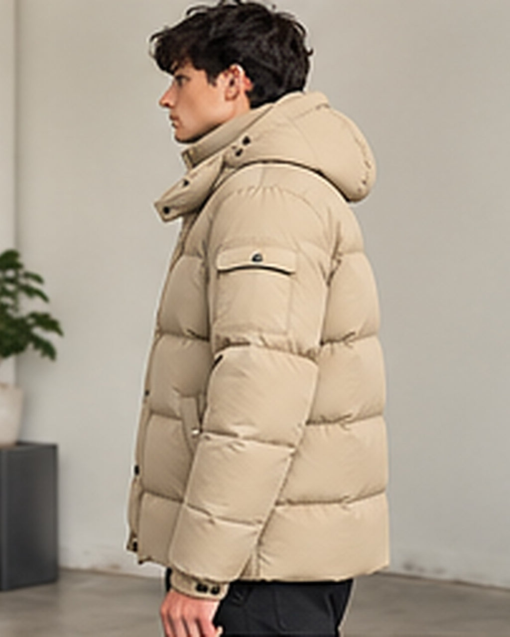 Doudoune à capuche matelassée homme Beige – vue de profil